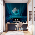Fototapeten Schwebender Fußball über beleuchteter Stadt