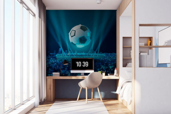 Schwebender Fußball über beleuchteter Stadt Fototapeten Schwebender Fußball über beleuchteter Stadt