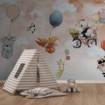 Fototapeten Cartoon Tiere fliegen mit Luftballons