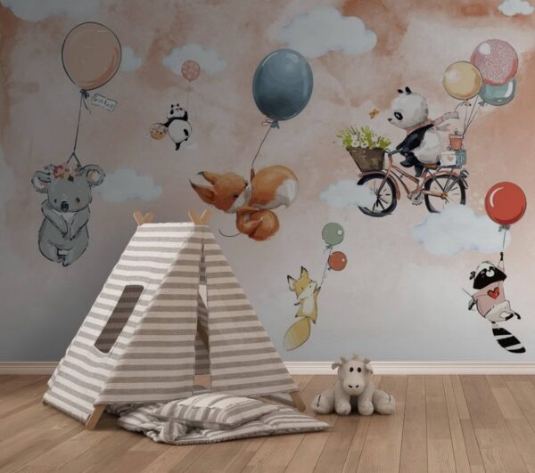 Cartoon Tiere fliegen mit Luftballons Fototapeten Cartoon Tiere fliegen mit Luftballons