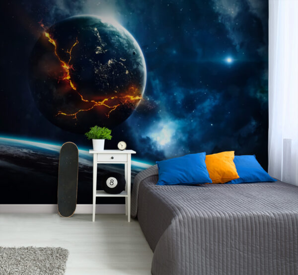 Planet mit einem Feuer im Hintergrund Fototapeten Planet mit einem Feuer im Hintergrund