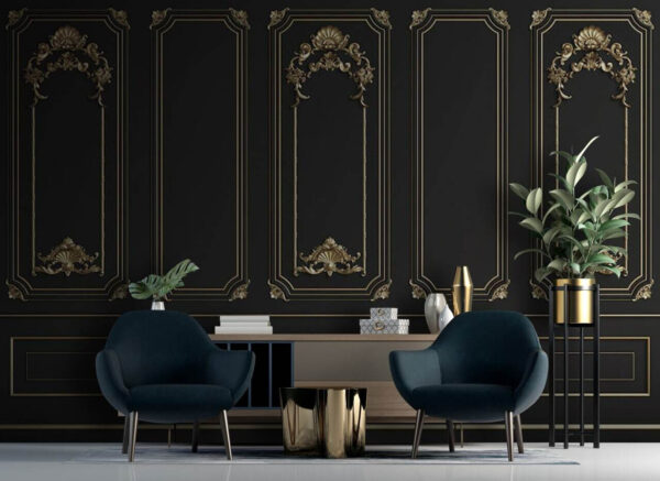 Elegante schwarze Paneele mit verschnörkelten Verzierungen Fototapeten Elegante schwarze Paneele mit verschnörkelten Verzierungen