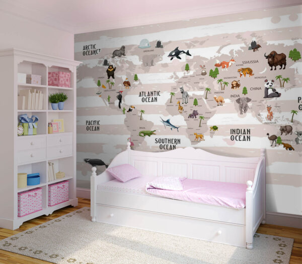 Fototapeten Karte der Welt mit Tieren