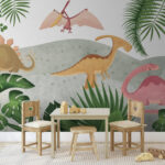 Fototapeten Gruppe von Dinosauriern mit Blättern