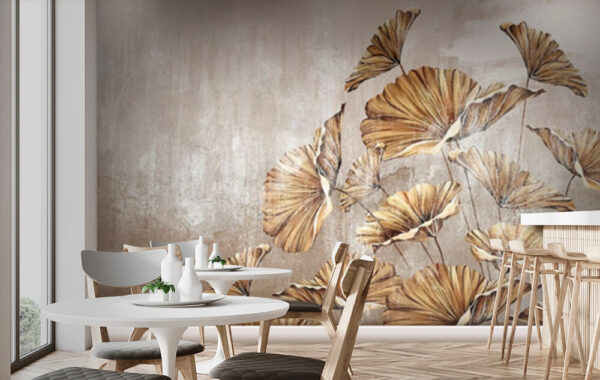 Fototapeten Gemälde von Blättern an einer Wand