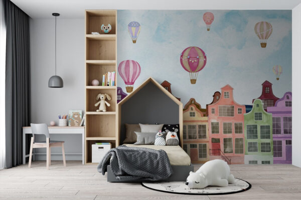 Gruppe von Gebäuden mit Heißluftballons Fototapeten Gruppe von Gebäuden mit Heißluftballons