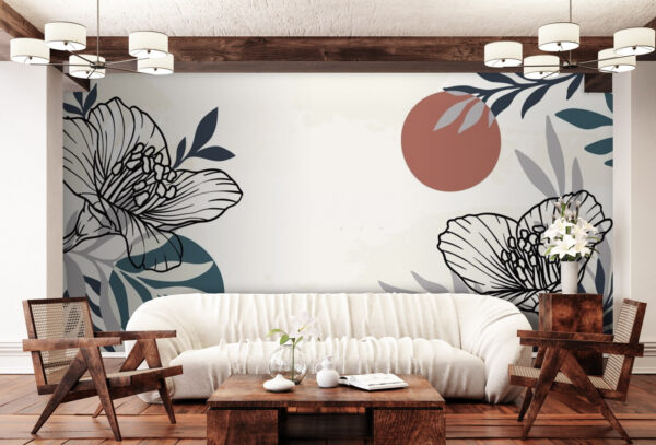 Fototapeten Weißer Hintergrund mit schwarzen und weißen Blumen und Blättern