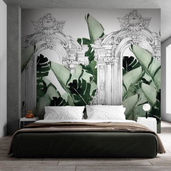 Fototapeten Weißer Torbogen mit grünen Blättern