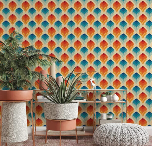 Fototapeten Muster aus orangefarbenen und blauen Blättern