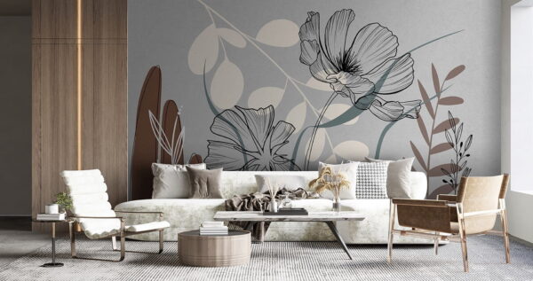 Fototapeten Zeichnung von Blumen und Blättern