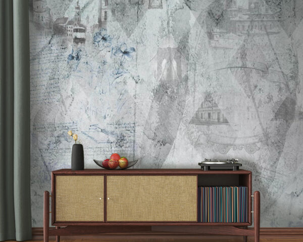 Fototapeten Fototapeten Graue und weiße Tapete mit Zeichnungen (Artikelnummer: u68154)