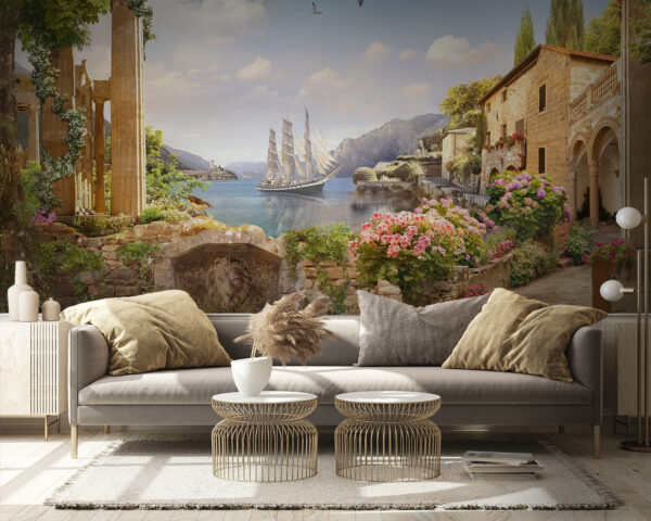 Fototapeten Steingebäude mit einem Boot im Wasser