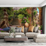 Fototapeten Steinweg mit Springbrunnen, Treppen und Blumen