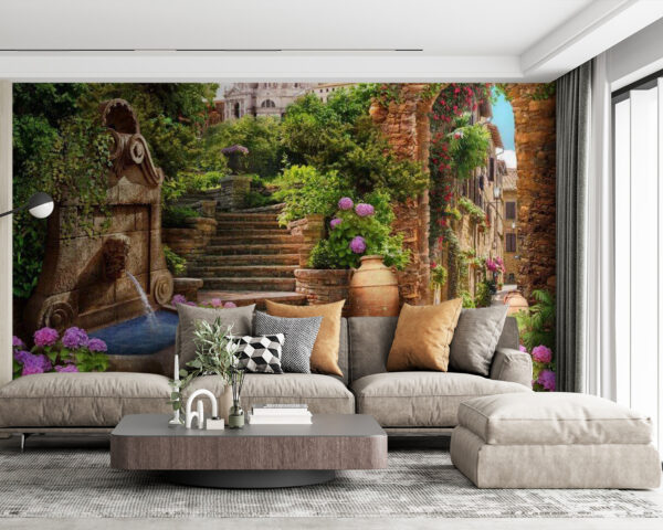 Steinweg mit Springbrunnen, Treppen und Blumen Fototapeten Steinweg mit Springbrunnen, Treppen und Blumen