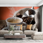 Fototapeten Tasse Kaffee mit Dampf und Kaffeebohnen