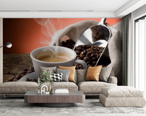 Tasse Kaffee mit Dampf und Kaffeebohnen Fototapeten Tasse Kaffee mit Dampf und Kaffeebohnen