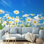 Fototapeten Feld mit weißen und gelben Blumen
