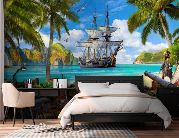 Piratenschiff vor Anker im tropischen Paradies Fototapeten Piratenschiff vor Anker im tropischen Paradies