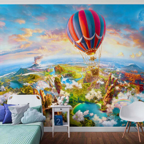 Heißluftballon über einer Landschaft Fototapeten Heißluftballon über einer Landschaft