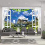 Fototapeten Fenster mit Blick auf einen Berg