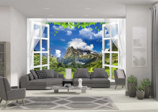 Fenster mit Blick auf einen Berg Fototapeten Fenster mit Blick auf einen Berg