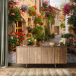 Fototapeten Charmante Gasse mit lebhaften Blumen.