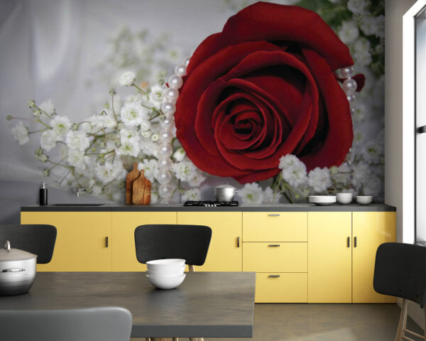 Rote Rose und weiße Blumen Fototapeten Rote Rose und weiße Blumen