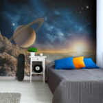 Fototapeten Planet mit Ringen am Himmel