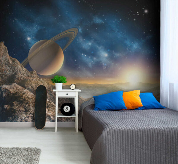 Planet mit Ringen am Himmel Fototapeten Planet mit Ringen am Himmel