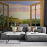 Fototapeten Blick aus einem Fenster auf einen Fluss