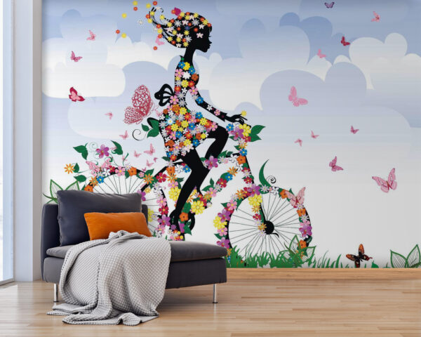 Fototapeten Fototapeten Frau auf einem Fahrrad mit Blumen (Artikelnummer: u55195)