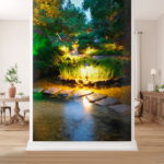 Fototapeten Steinweg in einem Teich mit Lichtern