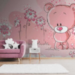 Fototapeten Bär im rosa Blumenfeld