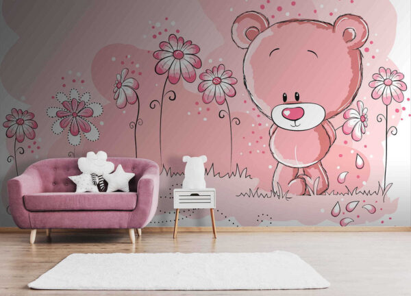 Bär im rosa Blumenfeld Fototapeten Bär im rosa Blumenfeld