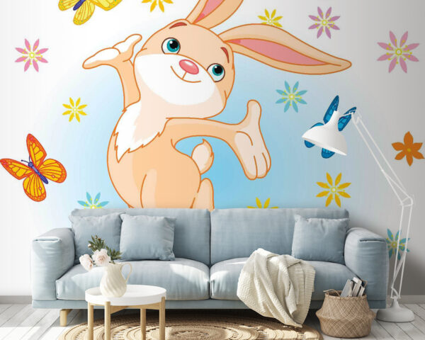 Fototapeten Cartoon eines Kaninchens, das mit Schmetterlingen in die Luft springt
