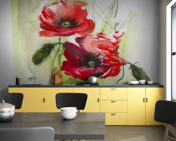 Lebendige Aquarellmohnblumen auf Papier Fototapeten Lebendige Aquarellmohnblumen auf Papier