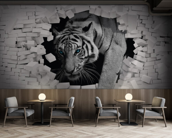 Tiger durchbricht weiße Backsteinmauer Fototapeten Tiger durchbricht weiße Backsteinmauer