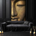 Fototapeten Gelassenes Gesicht einer Buddha-Statue.