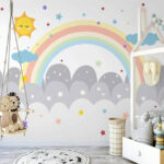 Fototapeten Regenbogen und Wolken mit Sonne und Sternen