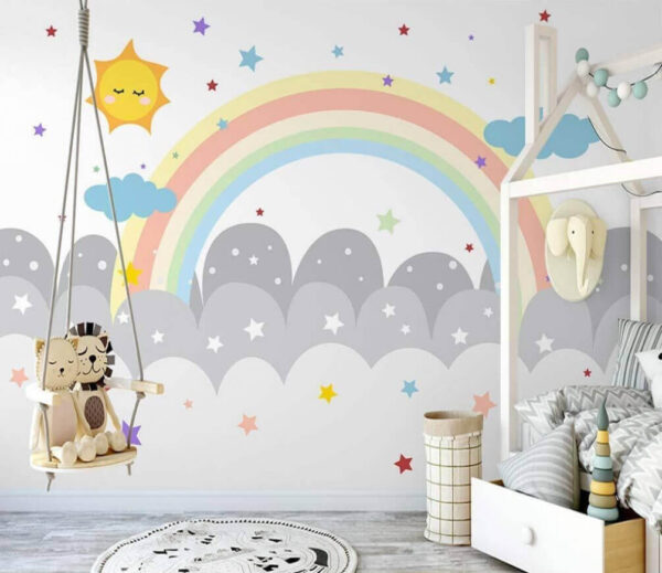 Regenbogen und Wolken mit Sonne und Sternen Fototapeten Regenbogen und Wolken mit Sonne und Sternen