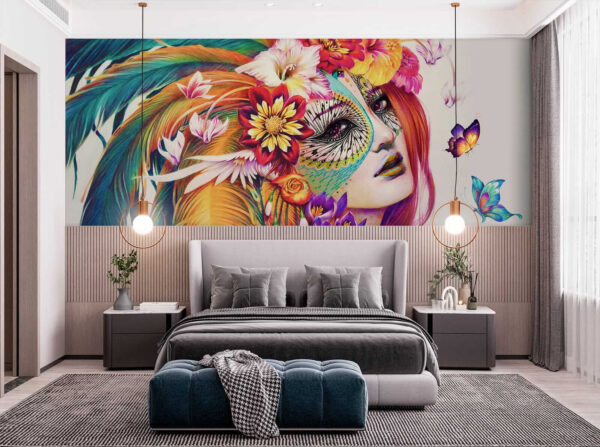 Bunte Federn und leuchtende Blumen platzen Fototapeten Bunte Federn und leuchtende Blumen platzen