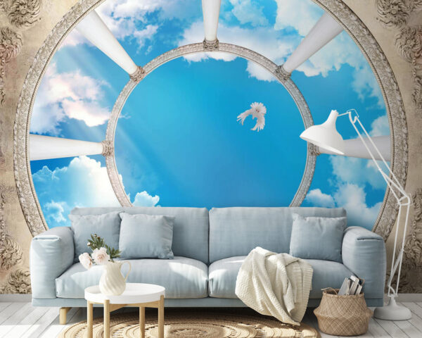 Kreisförmige Decke mit Säulen und einem Vogel, der durch den Himmel fliegt Fototapeten Kreisförmige Decke mit Säulen und einem Vogel, der durch den Himmel fliegt