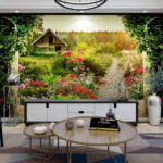 Fototapeten Garten mit Blumen und einem Haus