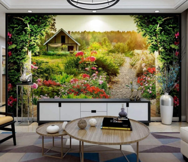 Garten mit Blumen und einem Haus Fototapeten Garten mit Blumen und einem Haus