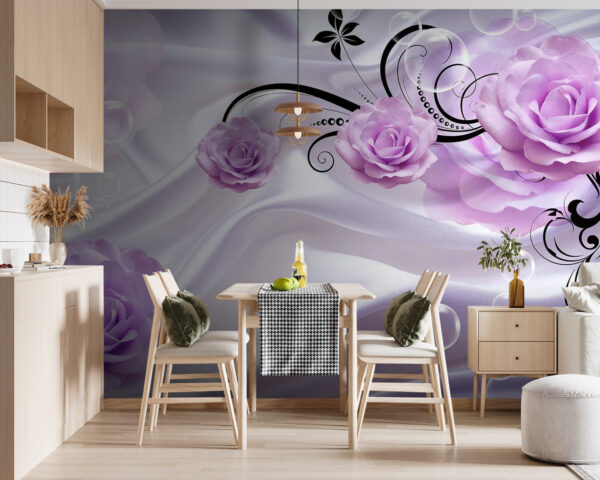 Fototapeten Lila Rosen auf seidenem Stoffhintergrund