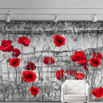 Fototapeten Rote Mohnblumen vor einer strukturierten Wand.
