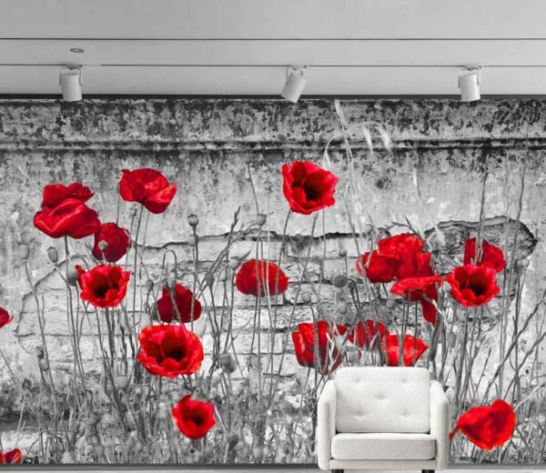 Rote Mohnblumen vor einer strukturierten Wand Fototapeten Rote Mohnblumen vor einer strukturierten Wand