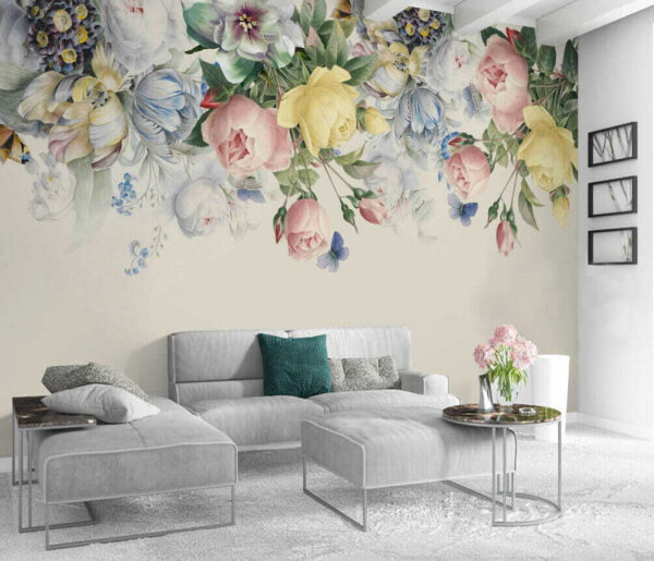 Zarte Blüten mit bunten Schmetterlingen Fototapeten Zarte Blüten mit bunten Schmetterlingen