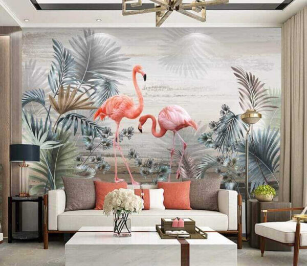 Flamingos inmitten von tropischem Blattwerk Fototapeten Flamingos inmitten von tropischem Blattwerk