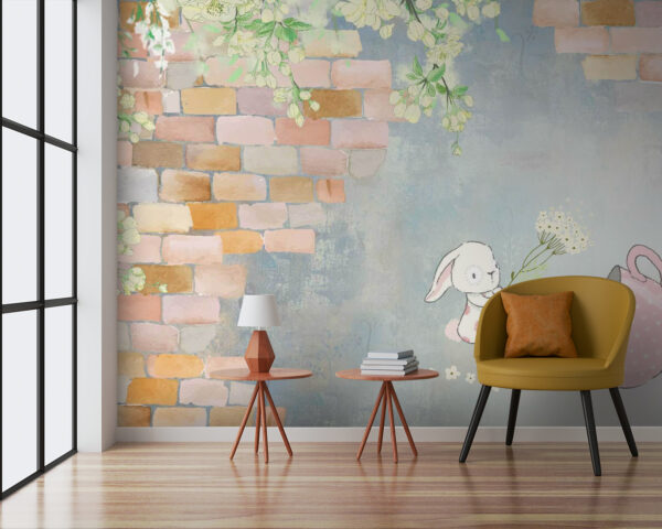Cartoon Kaninchen und ein Haus mit Blumen Fototapeten Cartoon Kaninchen und ein Haus mit Blumen